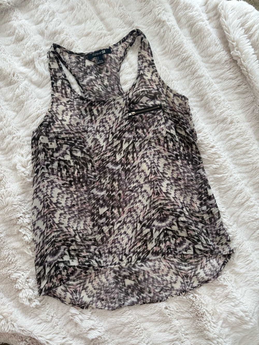 Forever 21 Women's High Low Printed Racerback Tank Zipper Pocket Accent Sz Small